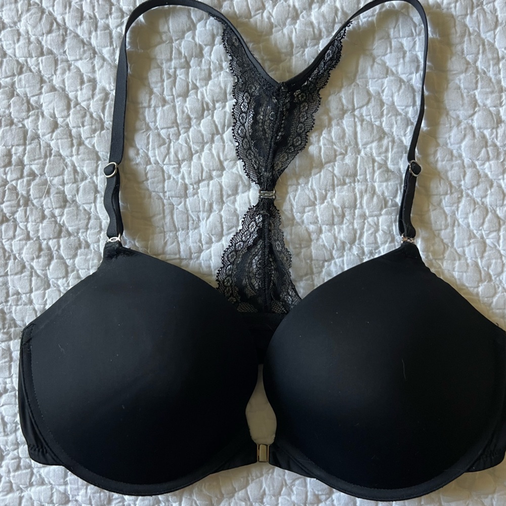 Black padded racerback bra with underwire. 34D